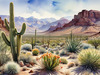 Realistic Desert Mountain Range with Cacti and Sagebrush Printable Art