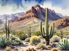 Realistic Desert Mountain Range with Cacti and Sagebrush Printable Art