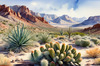 Realistic Desert Mountain Range with Cacti and Sagebrush Printable Art