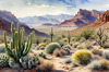 Realistic Desert Mountain Range with Cacti and Sagebrush Printable Art