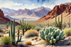 Realistic Desert Mountain Range with Cacti and Sagebrush Printable Art