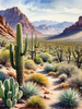 Realistic Desert Mountain Range with Cacti and Sagebrush Printable Art
