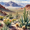 Realistic Desert Mountain Range with Cacti and Sagebrush Printable Art