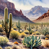Realistic Desert Mountain Range with Cacti and Sagebrush Printable Art