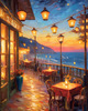 Impressionistic Art of a Dreamy Seaside Cafe with Lanterns and Distant Guitar Sound