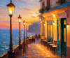 Impressionistic Art of a Dreamy Seaside Cafe with Lanterns and Distant Guitar Sound