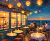 Impressionistic Art of a Dreamy Seaside Cafe with Lanterns and Distant Guitar Sound
