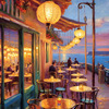 Impressionistic Art of a Dreamy Seaside Cafe with Lanterns and Distant Guitar Sound