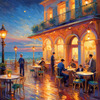 Impressionistic Art of a Dreamy Seaside Cafe with Lanterns and Distant Guitar Sound