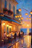 Impressionistic Art of a Dreamy Seaside Cafe with Lanterns and Distant Guitar Sound