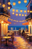 Impressionistic Art of a Dreamy Seaside Cafe with Lanterns and Distant Guitar Sound