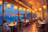 Impressionistic Art of a Dreamy Seaside Cafe with Lanterns and Distant Guitar Sound