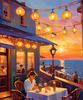 Impressionistic Art of a Dreamy Seaside Cafe with Lanterns and Distant Guitar Sound