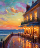 Impressionistic Art of a Dreamy Seaside Cafe with Lanterns and Distant Guitar Sound