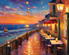 Impressionistic Art of a Dreamy Seaside Cafe with Lanterns and Distant Guitar Sound