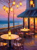 Impressionistic Art of a Dreamy Seaside Cafe with Lanterns and Distant Guitar Sound