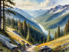 Printable Art of Realistic Mountain Landscape with Eagle's-Eye View of Forests and Rivers