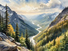 Printable Art of Realistic Mountain Landscape with Eagle's-Eye View of Forests and Rivers