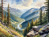 Printable Art of Realistic Mountain Landscape with Eagle's-Eye View of Forests and Rivers