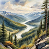 Printable Art of Realistic Mountain Landscape with Eagle's-Eye View of Forests and Rivers