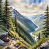 Printable Art of Realistic Mountain Landscape with Eagle's-Eye View of Forests and Rivers