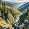 Printable Art of Realistic Mountain Landscape with Eagle's-Eye View of Forests and Rivers