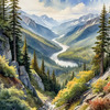 Printable Art of Realistic Mountain Landscape with Eagle's-Eye View of Forests and Rivers