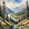 Printable Art of Realistic Mountain Landscape with Eagle's-Eye View of Forests and Rivers
