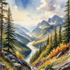 Printable Art of Realistic Mountain Landscape with Eagle's-Eye View of Forests and Rivers