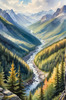 Printable Art of Realistic Mountain Landscape with Eagle's-Eye View of Forests and Rivers