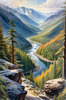 Printable Art of Realistic Mountain Landscape with Eagle's-Eye View of Forests and Rivers