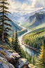 Printable Art of Realistic Mountain Landscape with Eagle's-Eye View of Forests and Rivers