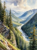 Printable Art of Realistic Mountain Landscape with Eagle's-Eye View of Forests and Rivers