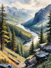 Printable Art of Realistic Mountain Landscape with Eagle's-Eye View of Forests and Rivers