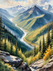 Printable Art of Realistic Mountain Landscape with Eagle's-Eye View of Forests and Rivers