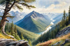 Printable Art of Realistic Mountain Landscape with Eagle's-Eye View of Forests and Rivers