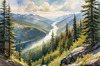 Printable Art of Realistic Mountain Landscape with Eagle's-Eye View of Forests and Rivers