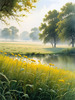 Meadow with Morning Mist and Glistening Dew on Spiderwebs at Sunrise