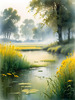 Meadow with Morning Mist and Glistening Dew on Spiderwebs at Sunrise