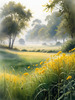 Meadow with Morning Mist and Glistening Dew on Spiderwebs at Sunrise