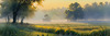 Meadow with Morning Mist and Glistening Dew on Spiderwebs at Sunrise