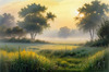 Meadow with Morning Mist and Glistening Dew on Spiderwebs at Sunrise