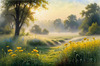 Meadow with Morning Mist and Glistening Dew on Spiderwebs at Sunrise