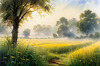Meadow with Morning Mist and Glistening Dew on Spiderwebs at Sunrise