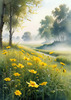 Meadow with Morning Mist and Glistening Dew on Spiderwebs at Sunrise