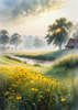 Meadow with Morning Mist and Glistening Dew on Spiderwebs at Sunrise