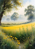 Meadow with Morning Mist and Glistening Dew on Spiderwebs at Sunrise