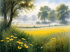 Meadow with Morning Mist and Glistening Dew on Spiderwebs at Sunrise