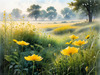 Meadow with Morning Mist and Glistening Dew on Spiderwebs at Sunrise