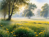 Meadow with Morning Mist and Glistening Dew on Spiderwebs at Sunrise
